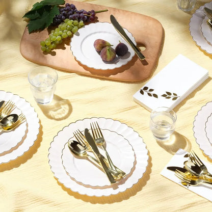 100-Pc Heavyweight Thanksgiving Plates - Ivory Scalloped Gold Trim, 50 Guest Capacity