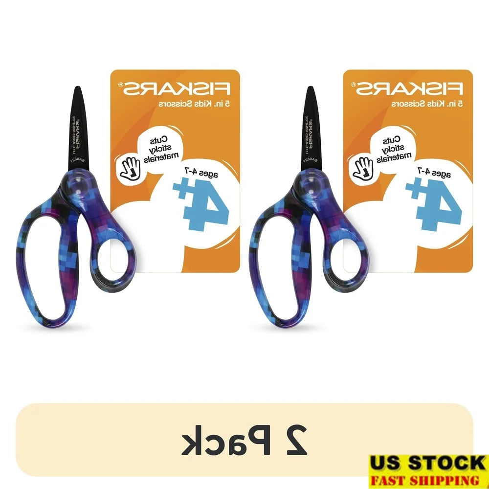 2 Pack Left-Handed Kids Scissors 5 Inch Non-Stick Pointed Tip Ergonomic Design Classroom Crafting Safe Cutting
