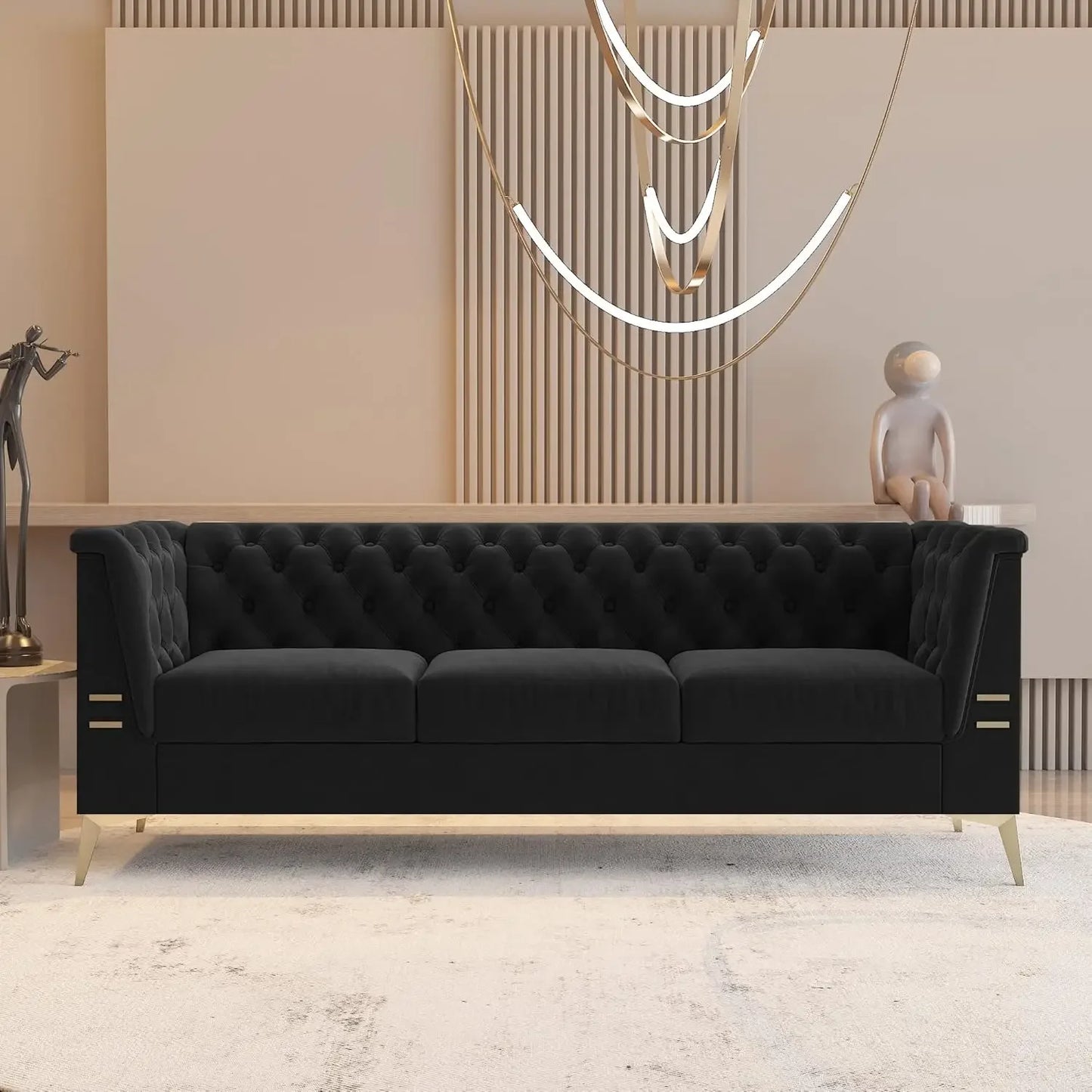 Black Chesterfield Velvet Couch for Living Room,3 Seater Tufted Sofa with Gold Metal Legs, Large Upholstered Comfy, Customized