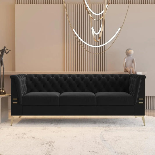 Black Chesterfield Velvet Couch for Living Room,3 Seater Tufted Sofa with Gold Metal Legs, Large Upholstered Comfy, Customized