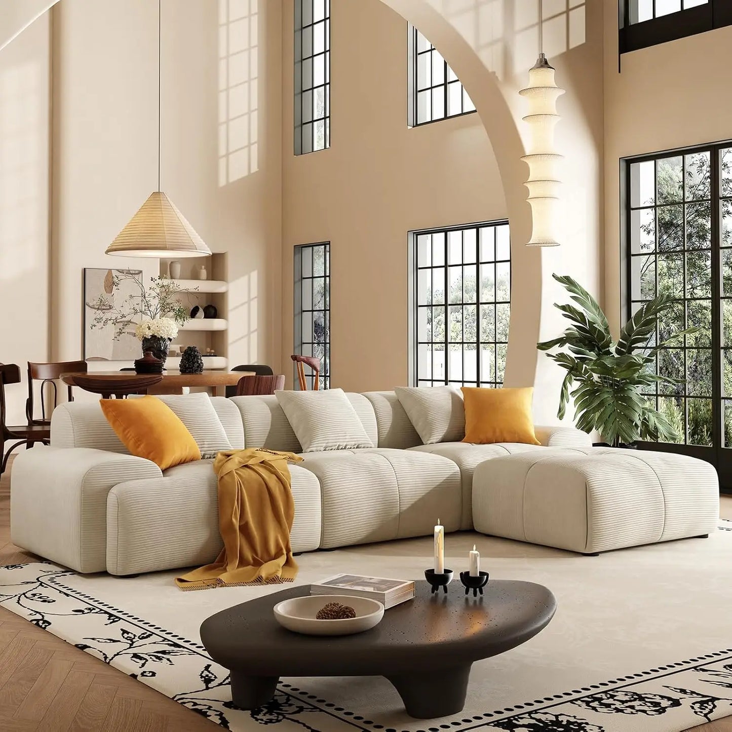 113" L-Shape Modular Sectional Sofa Corduroy Upholstery 3-Seater Cloud Couch Movable Ottoman Living Room Green, Customized