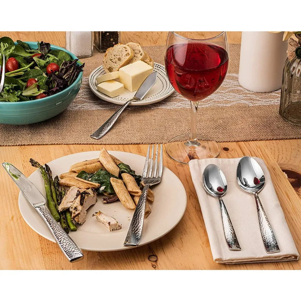 60-Piece Hammered Stainless Steel Silverware Set for 12, Elegant 18/10 Flatware Collection