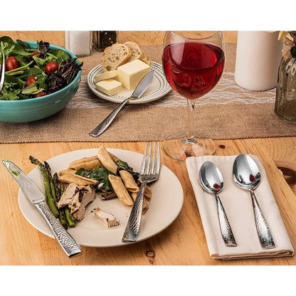 60-Piece Hammered Stainless Steel Silverware Set for 12, Elegant 18/10 Flatware Collection