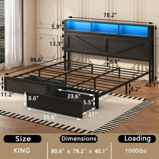 Farmhouse King Bed Frame with Bookcase Storage Headboard, Charging Station, LED Light and 2 Storage Drawers, Noise, Customized
