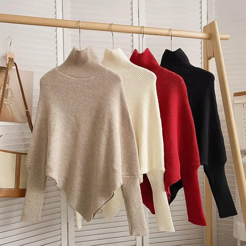 2025 Autumn Winter Women Fashion Irregular Loose Knit Sweater Vintage High Neck Long Sleeve Female Pullovers Chic Tops
