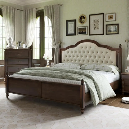 Solid Wood Bed Frame Queen Size, Transitional Platform Bed with 52.5" Upholstered Tufted Headboard, Rubberwood/Roman Column