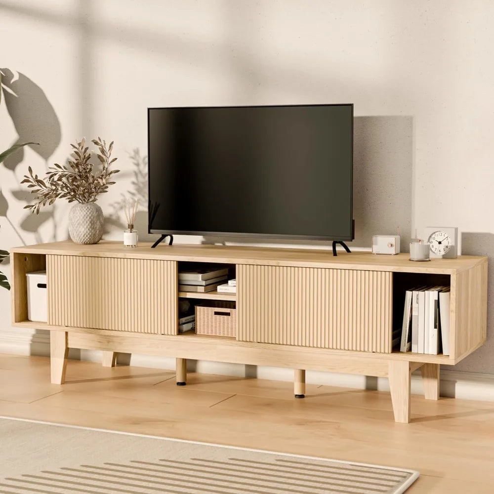 TV Stands for 55 60 65 inch TV, Oak Fluted TV Stand for Living Room Bedroom, Mid Century Modern TV Console Tables, Entertainment