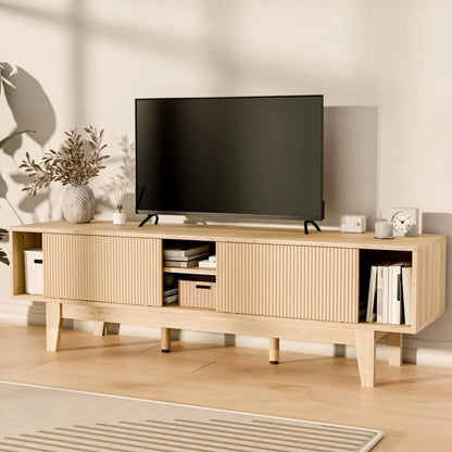 TV Stands for 55 60 65 inch TV, Oak Fluted TV Stand for Living Room Bedroom, Mid Century Modern TV Console Tables, Entertainment