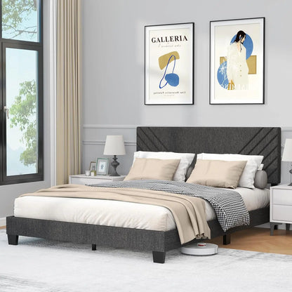 Queen Bed Frame with Headboard, Linen Upholstered Platform Bed Frame with Wood Slats Support, Adjustable Headboard