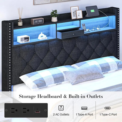 Queen Bed Frame with LED Lights, Storage Drawers & Charging Station, Upholstered Platform, No Box Spring Needed