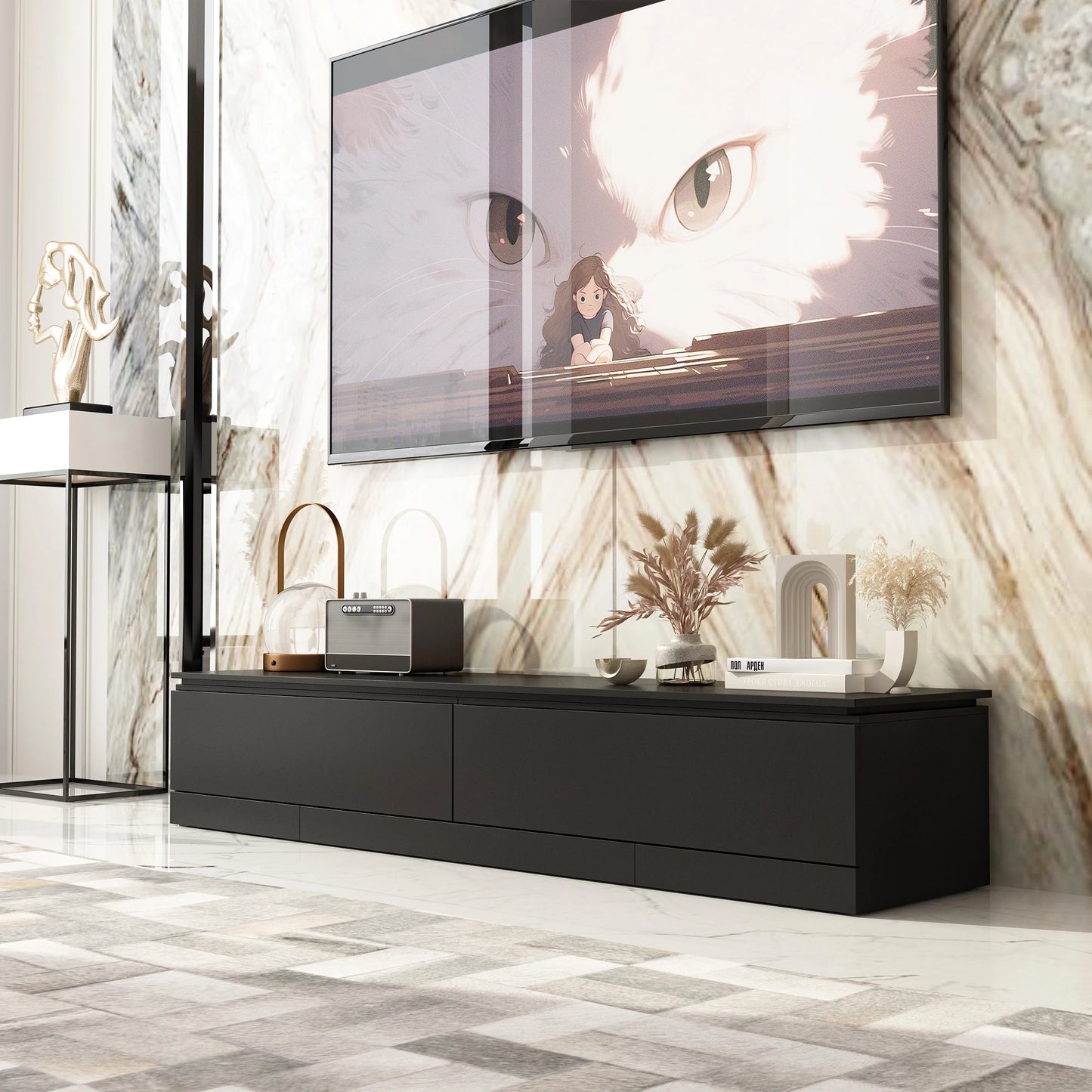 FUFU&GAGA Expandable 94 Inch TV Stand with Storage Credenza, Media Console Cabinet with Wide Desktop for Living Room, Black ﻿