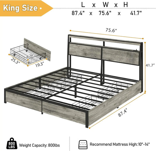 King Size Bed Frame with Storage Headboard, Metal Platform King Bed Frame Wood with 4 Drawers, LED Light, Charging Station