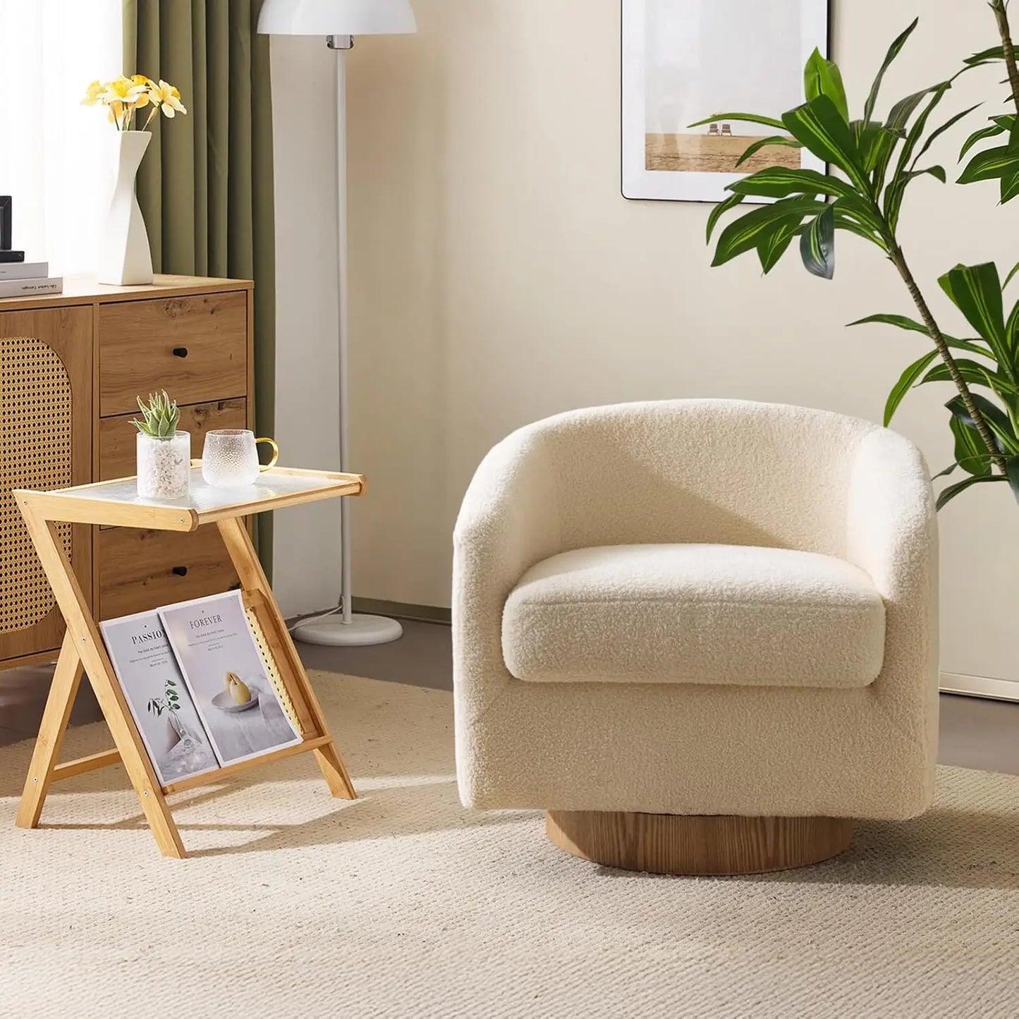 360°Swivel Accent Chair with Engineered Wood Base and Removable Cushion for Living Room, Bedroom, Curved Back Barrel Chair for