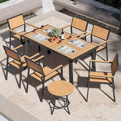 Outdoor Aluminum Furniture Set,8-Piece Patio Dining Set with 6 Outdoor Stackable Chairs and Plastic-Wood Table Top,Outdoor Furn