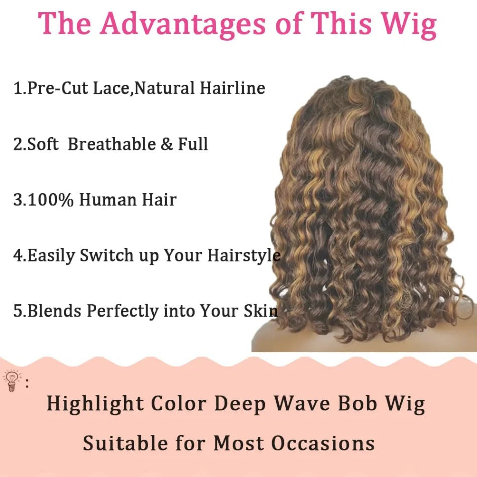 Highlight Ombre Bob Wig Human Hair 100% Curly Short Honey Blonde Colored Glueless Deep Wave Frontal Wig 5X5 Hd Lace Closure Wigs