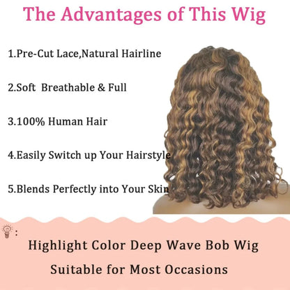 Highlight Ombre Bob Wig Human Hair 100% Curly Short Honey Blonde Colored Glueless Deep Wave Frontal Wig 5X5 Hd Lace Closure Wigs
