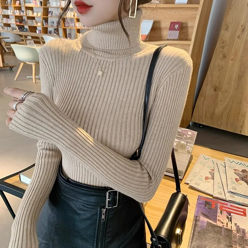 2025 Casual Slim Knitted Pullover Autumn Winter Thick Turtleneck Sweater Base Sweater Korean Style Simple Base Layer Warm Tops