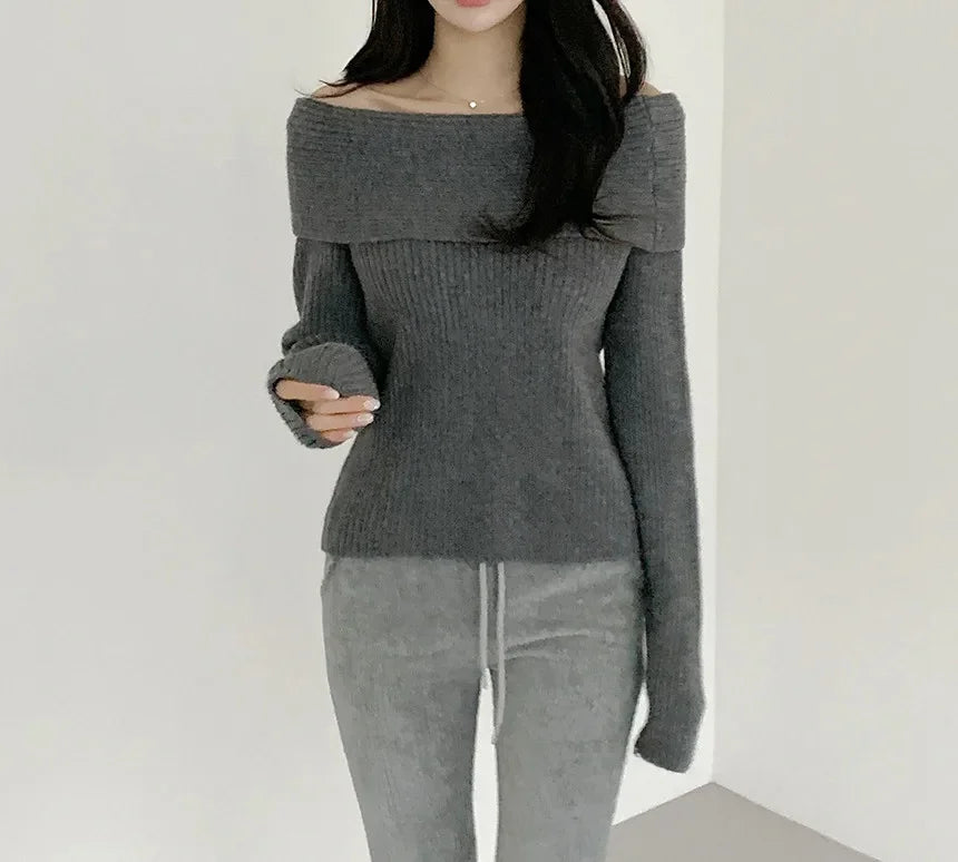 Korean Style Pure Desire One Shoulder Knitted Sweater Thickened Long Sleeve Slim Fit Women's Fashion Autumn Clothes