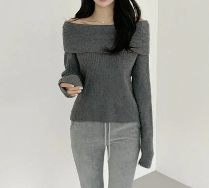 Korean Style Pure Desire One Shoulder Knitted Sweater Thickened Long Sleeve Slim Fit Women's Fashion Autumn Clothes