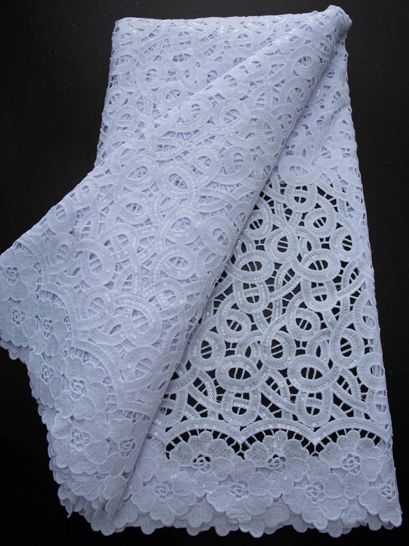 Pure White Nigerian Guipure Lace Fabric 2025 High Quality Water Soluble African Sequin Cord Lace Fabric for Party Dress Sew 4025