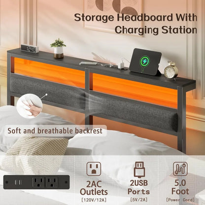 Bed Frame with Headboard, Bed Frame with LED Light and Charging Station, Black Metal Platform, Customized