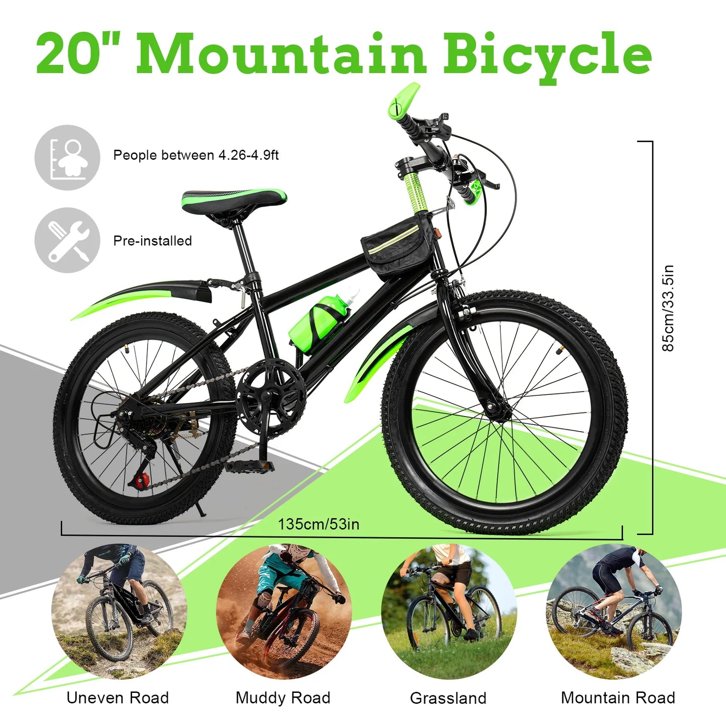 20 Inch Mountain Bike 7 Speed Gears, Adjustable Seat Kids' Bike with Mudguards Kettle Holder Kettle for Boys Girls 8-13 years