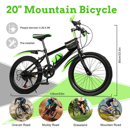 20 Inch Mountain Bike 7 Speed Gears, Adjustable Seat Kids' Bike with Mudguards Kettle Holder Kettle for Boys Girls 8-13 years