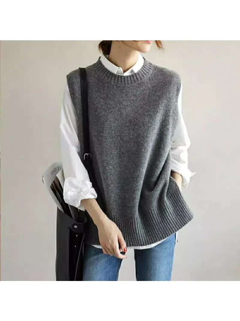 Autumn and Winter New Fashion Woman Sweater Knit Vest - Round Neck Sleeveless Pullover Loose-Fit Top