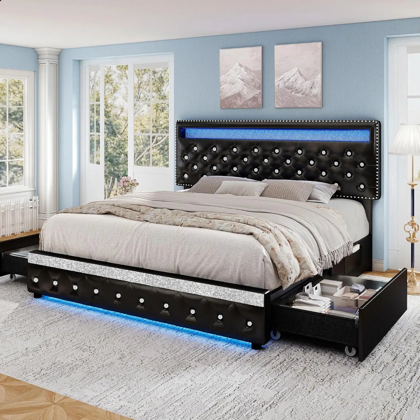 Queen LED Bed Frame With 2 Drawers, PU Upholstered Platform Beds With Adjustable Storage Headboard, Crystal Button