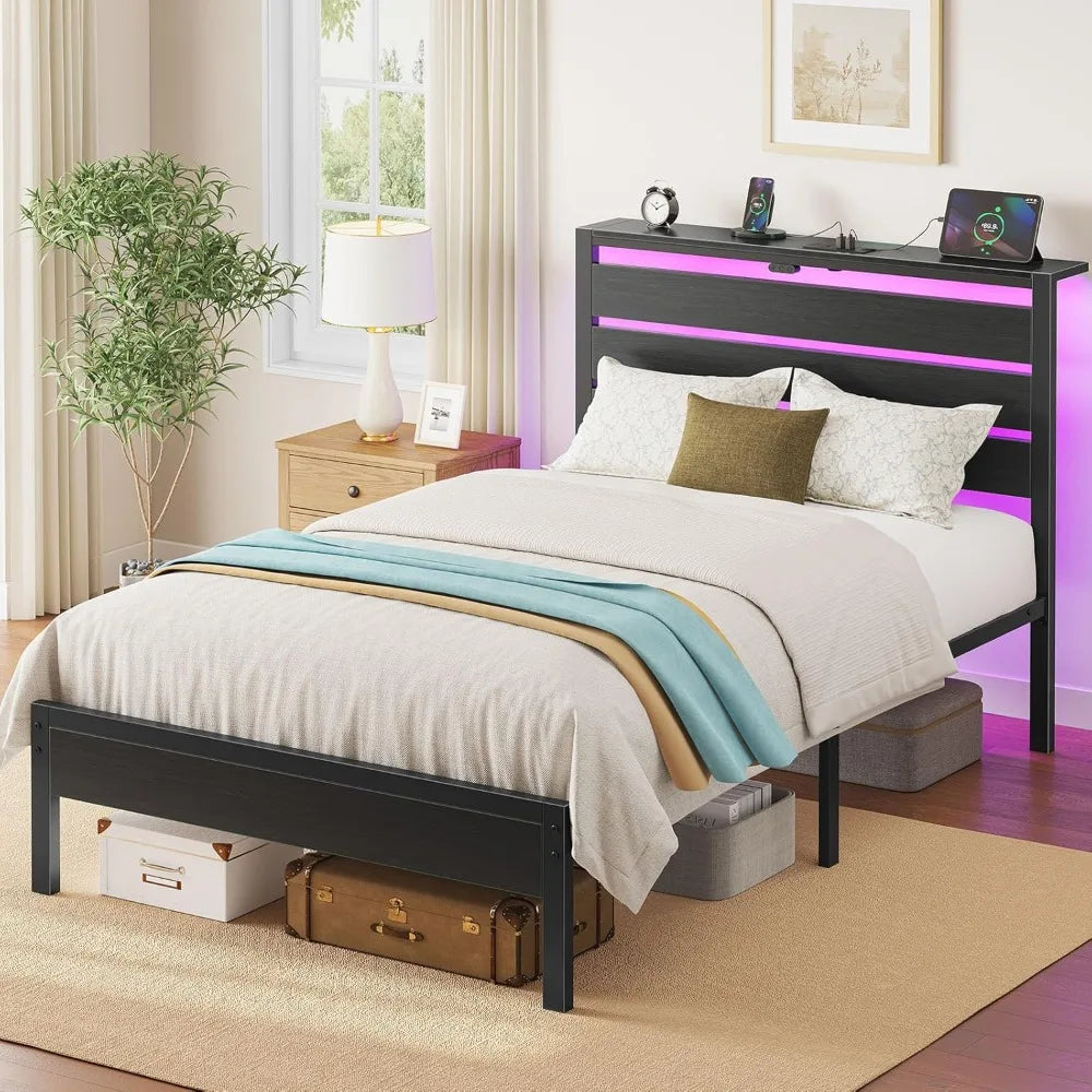 Rolanstar Bed Frame Twin Size with USB Charging Station, LED Bed Frame with Wood Storage Headboard, Black Metal Platform Bed wit