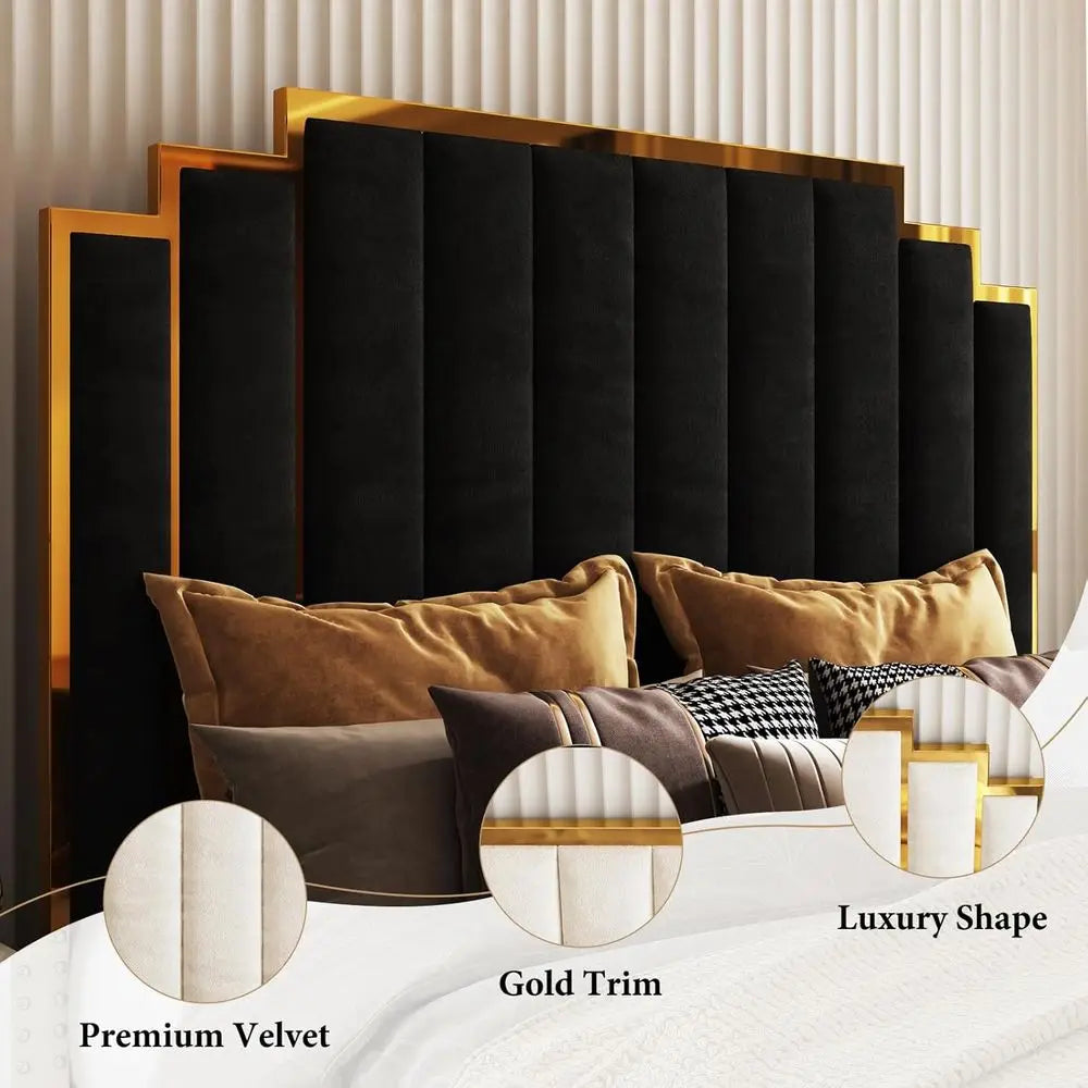 Modern Velvet King Bed Frame with 65.4 High Gold Trim Headboard, No Box Spring RequiredCustomized