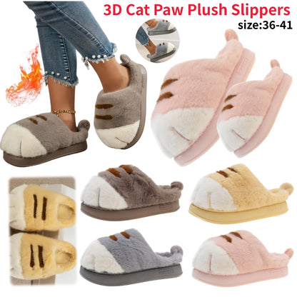 3D Cat Paw Slippers Women's Home Shoes Non Slip Furry Mules Female Fashion Warm Fluffy Slides Outdoor Cat Slippers for Autumn Wi