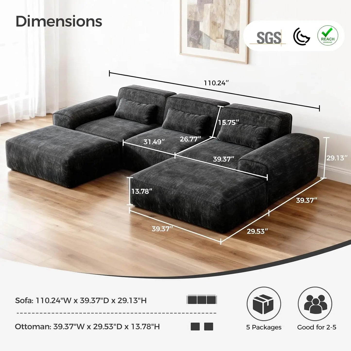 110" U Shaped Modular Cloud Sectional Sofa, Boneless Couch with 2 Ottomans for Living Room, 3-Seater Deep Seat, Customized