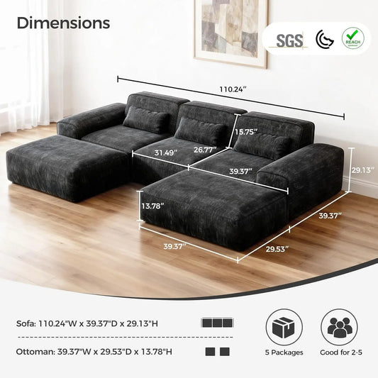 110" U Shaped Modular Cloud Sectional Sofa, Boneless Couch with 2 Ottomans for Living Room, 3-Seater Deep Seat, Customized