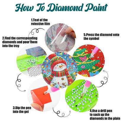 6Pcs Wooden Christmas Animals Diamond Painting Coasters DIY Coaster Diamond Dot Kits Round Diamond Art Coasters for Party Decor
