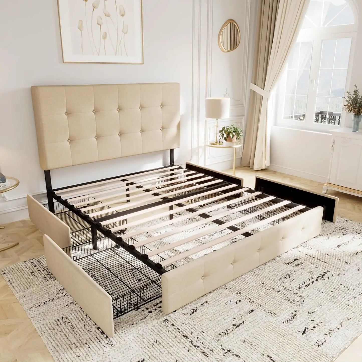 Upholstered Queen Size Platform Bed Frame with 4 Storage Drawers and Headboard, Square Stitched Button Tufted