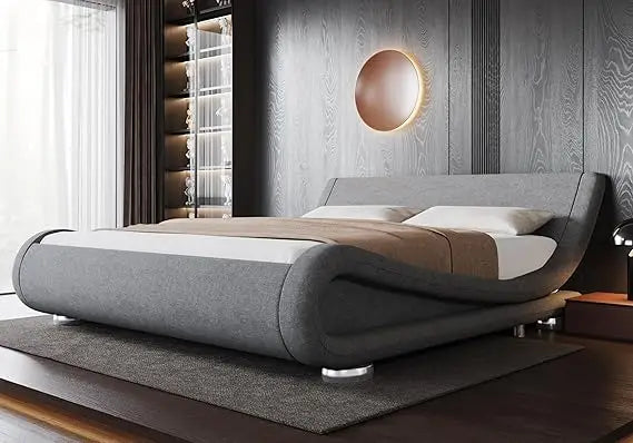 Allewie Queen Size Bed Frame with Ergonomic & Adjustable Headboard, Low Profile Modern Upholstered Platform Sleigh Design - Easy