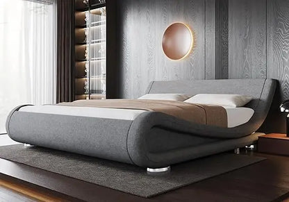 Allewie Queen Size Bed Frame with Ergonomic & Adjustable Headboard, Low Profile Modern Upholstered Platform Sleigh Design - Easy