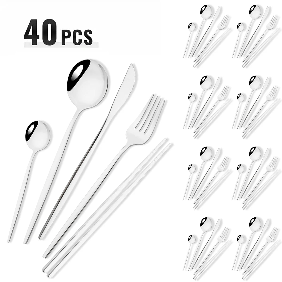 40pcs Black Gold Dinnerware Set Mirror Western Stainless Steel Cutlery Set Fork Knife Spoon Chopsticks Tableware Party Flatware