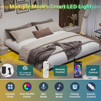 Floating Bed Frame King Size with LED Lights, Metal Platform King Bed, No Box Spring Needed, Easy To Assemble