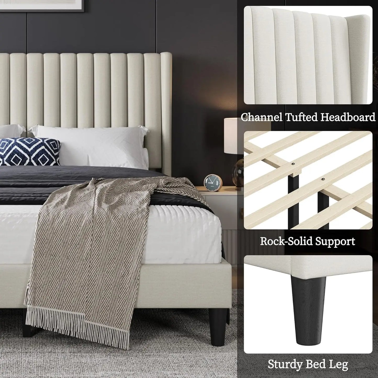 Queen Bed Frame Upholstered Platform Bed with Fabric Headboard, Wing Edge Design/Non-Slip and Noise-Free/Wooden, Customized