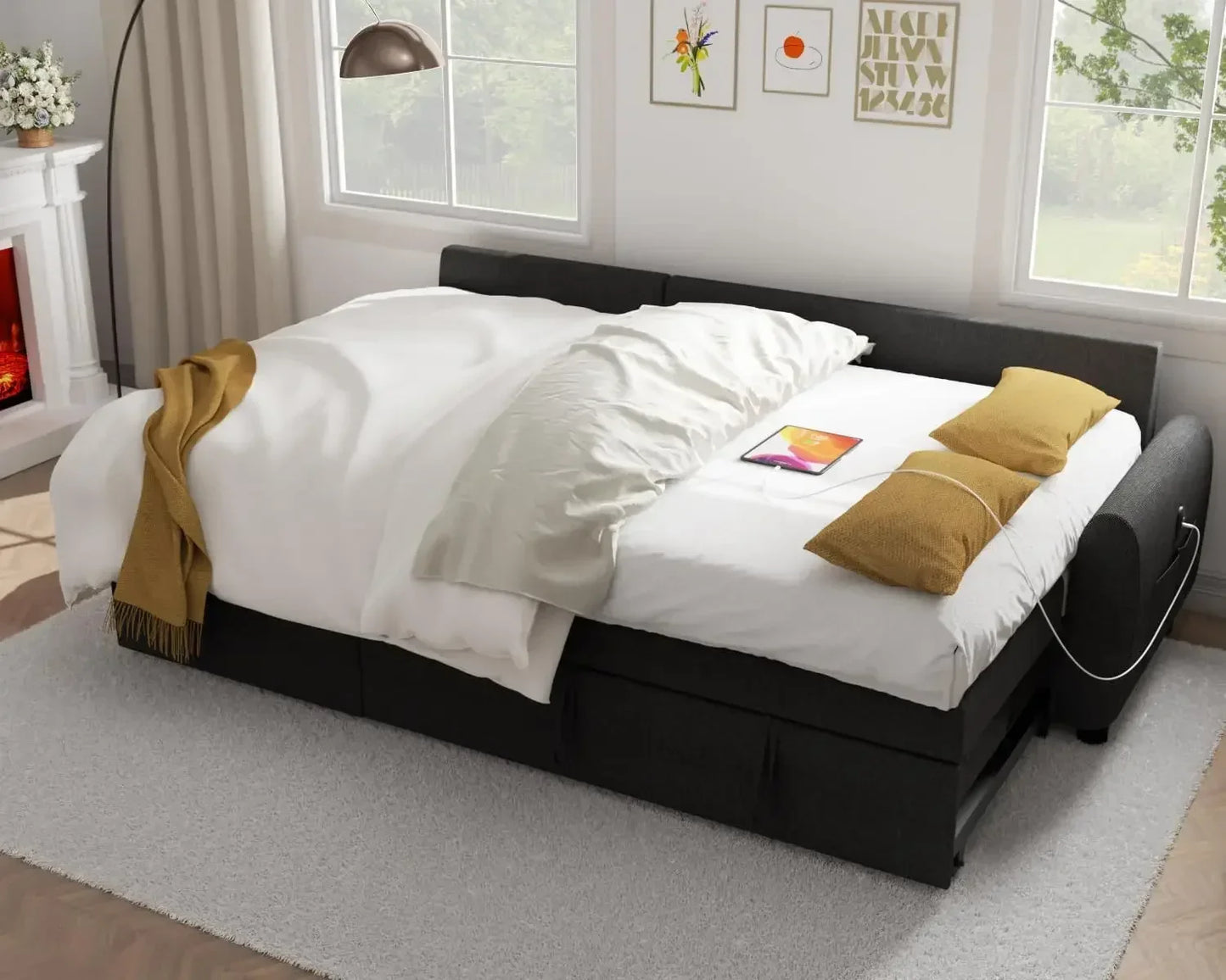 Sectional Sofa Couch, 87" Sleeper Sofa Bed with Reversible Storage Chaise Pull Out Couch for Living Room Linen Fabric, Black