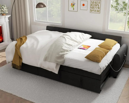 Sectional Sofa Couch, 87" Sleeper Sofa Bed with Reversible Storage Chaise Pull Out Couch for Living Room Linen Fabric, Black