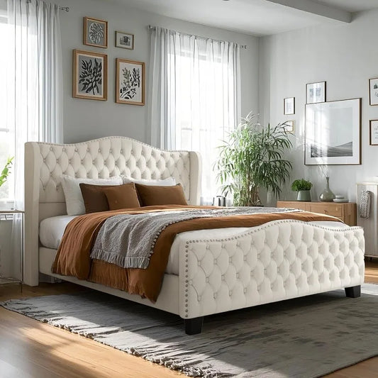 Platform Bed Frame with 51-inch Tall Camelback Headboard & Wingback, Deep Button Tufted Footboard with Nailhead Trim,