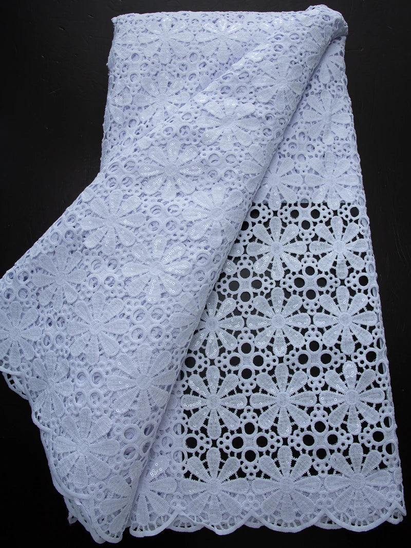 Pure White Nigerian Guipure Lace Fabric 2025 High Quality Water Soluble African Sequin Cord Lace Fabric for Party Dress Sew 4025