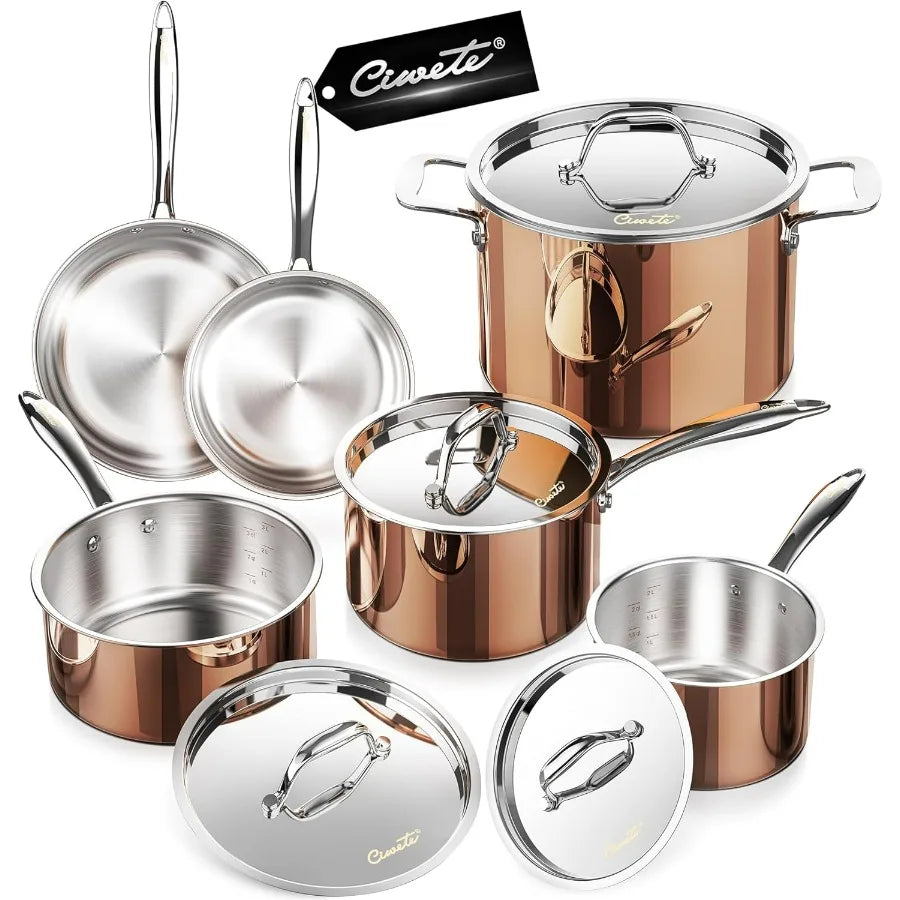 Whole Triply 18 10 Stainless Steel Pot and Pan Set 10 Piece Copper Pots and Pans Set with Stainless Steel Lid Induction Cookwar