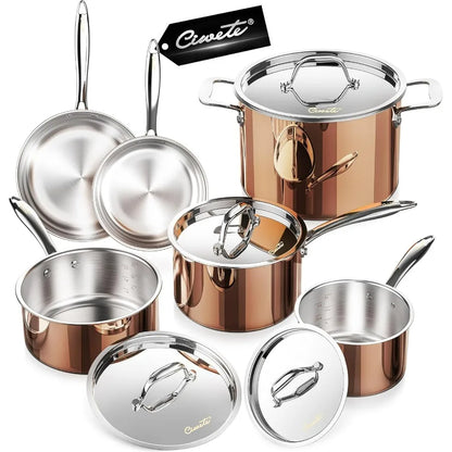 Whole Triply 18 10 Stainless Steel Pot and Pan Set 10 Piece Copper Pots and Pans Set with Stainless Steel Lid Induction Cookwar