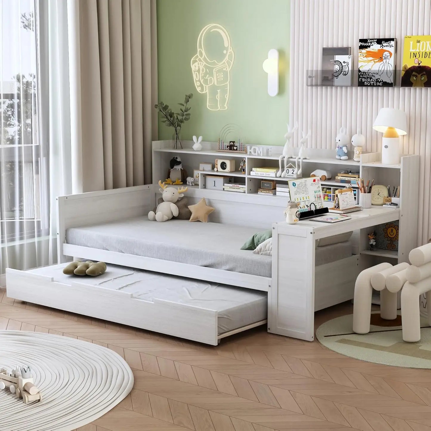 Twin Size Daybed with Trundle, Side Bookcase and Desk, Pine Wood Captains Bed with Storage Shelves Headboard , Customized