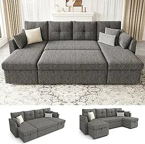 Oversized Sleeper Sofa Couch, 110 inch 2 in 1 Pullout Couch Bed with Double Storage Chaise, Sectional Sleeper Sofa Bed with Side