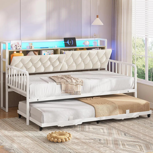 Daybed with Trundle, Twin to King Daybed with Charging Station & LED Lights, Metal Trundle Bed Twin with Hidden Storage Headboar